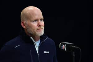 INDIANAPOLIS, INDIANA - FEBRUARY 24: Head coach Sean McDermott of the Buffalo Bills speaks to the media during the NFL Combine at the Indiana Convention Center on February 24, 2025 in Indianapolis, Indiana.