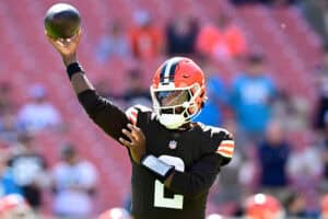 CLEVELAND, OHIO - SEPTEMBER 27: Shedeur Sanders #2 of the Cleveland Browns warms up prior to the game against the Carolina Panthers at Huntington Bank Field on September 27, 2026 in Cleveland, Ohio.