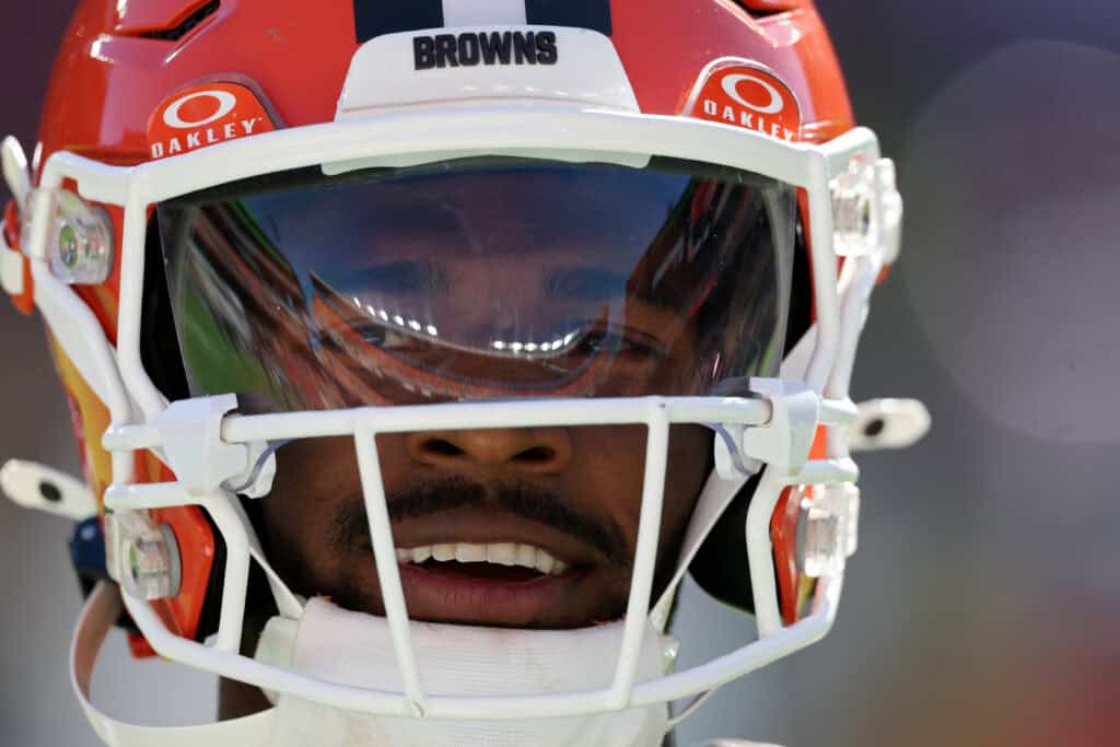 CLEVELAND, OHIO - OCTOBER 18: Shedeur Sanders #2 of the Cleveland Browns looks on prior to the game against the Baltimore Ravens at Huntington Bank Field on October 18, 2026 in Cleveland, Ohio.