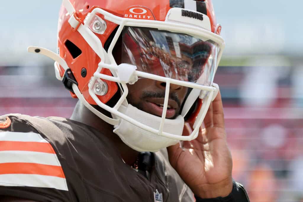TAMPA, FLORIDA - SEPTEMBER 20: Shedeur Sanders #2 of the Cleveland Browns looks on prior to the game against the Tampa Bay Buccaneers at Raymond James Stadium on September 20, 2026 in Tampa, Florida. (Photo by Mike