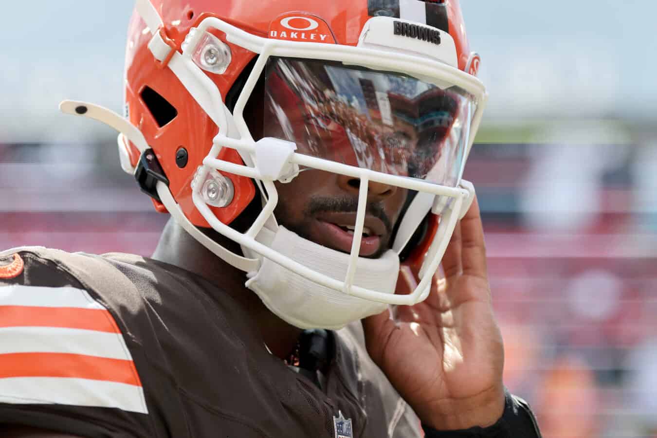 TAMPA, FLORIDA - SEPTEMBER 20: Shedeur Sanders #2 of the Cleveland Browns looks on prior to the game against the Tampa Bay Buccaneers at Raymond James Stadium on September 20, 2026 in Tampa, Florida. (Photo by Mike