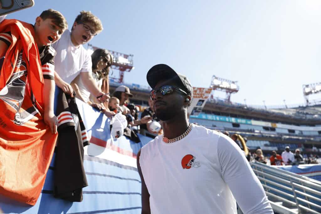 NASHVILLE, TENNESSEE - OCTOBER 25: Shedeur Sanders #2 of the Cleveland Browns looks on before the game against the Tennessee Titans at Nissan Stadium on October 25, 2026 in Nashville, Tennessee.