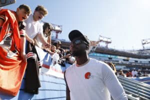 NASHVILLE, TENNESSEE - OCTOBER 25: Shedeur Sanders #2 of the Cleveland Browns looks on before the game against the Tennessee Titans at Nissan Stadium on October 25, 2026 in Nashville, Tennessee.