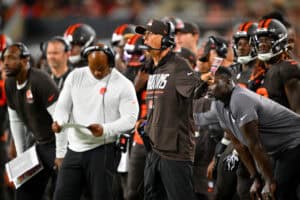 CLEVELAND, OHIO - OCTOBER 01: Head coach Todd Monken of the Cleveland Browns reacts against the Pittsburgh Steelers during the second quarter of the game at Huntington Bank Field on October 01, 2026 in Cleveland, Ohio.
