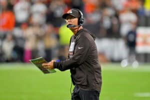 CLEVELAND, OHIO - OCTOBER 01: Head coach Todd Monken of the Cleveland Browns calls a timeout during the fourth quarter against the Pittsburgh Steelers at Huntington Bank Field on October 01, 2026 in Cleveland, Ohio