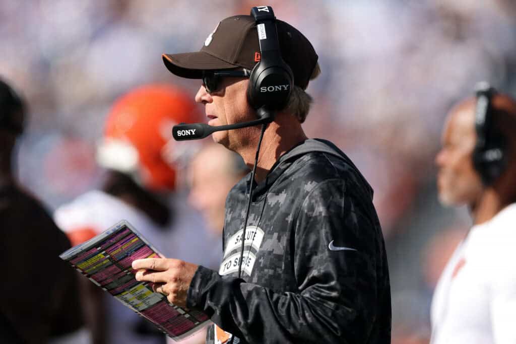 NASHVILLE, TENNESSEE - OCTOBER 25: Head coach Todd Monken of the Cleveland Browns looks on during the third quarter against the Tennessee Titans at Nissan Stadium on October 25, 2026 in Nashville, Tennessee.